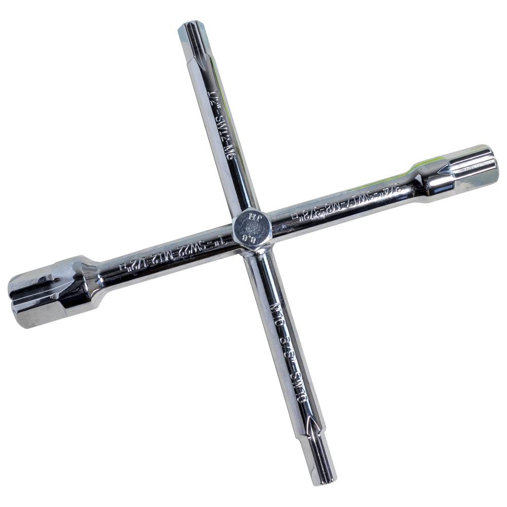 Ein glänzender, silberfarbener, vierkantiger Radmutterschlüssel, der zum Lockern und Anziehen von Radmuttern an Fahrzeugen entwickelt wurde.