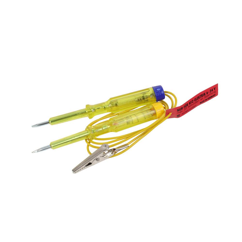 Zwei gelb-griffe Elektro-Prüfschraubendreher mit Metallspitzen und einem Verbindungskabel, verwendet zur Spannungsprüfung.