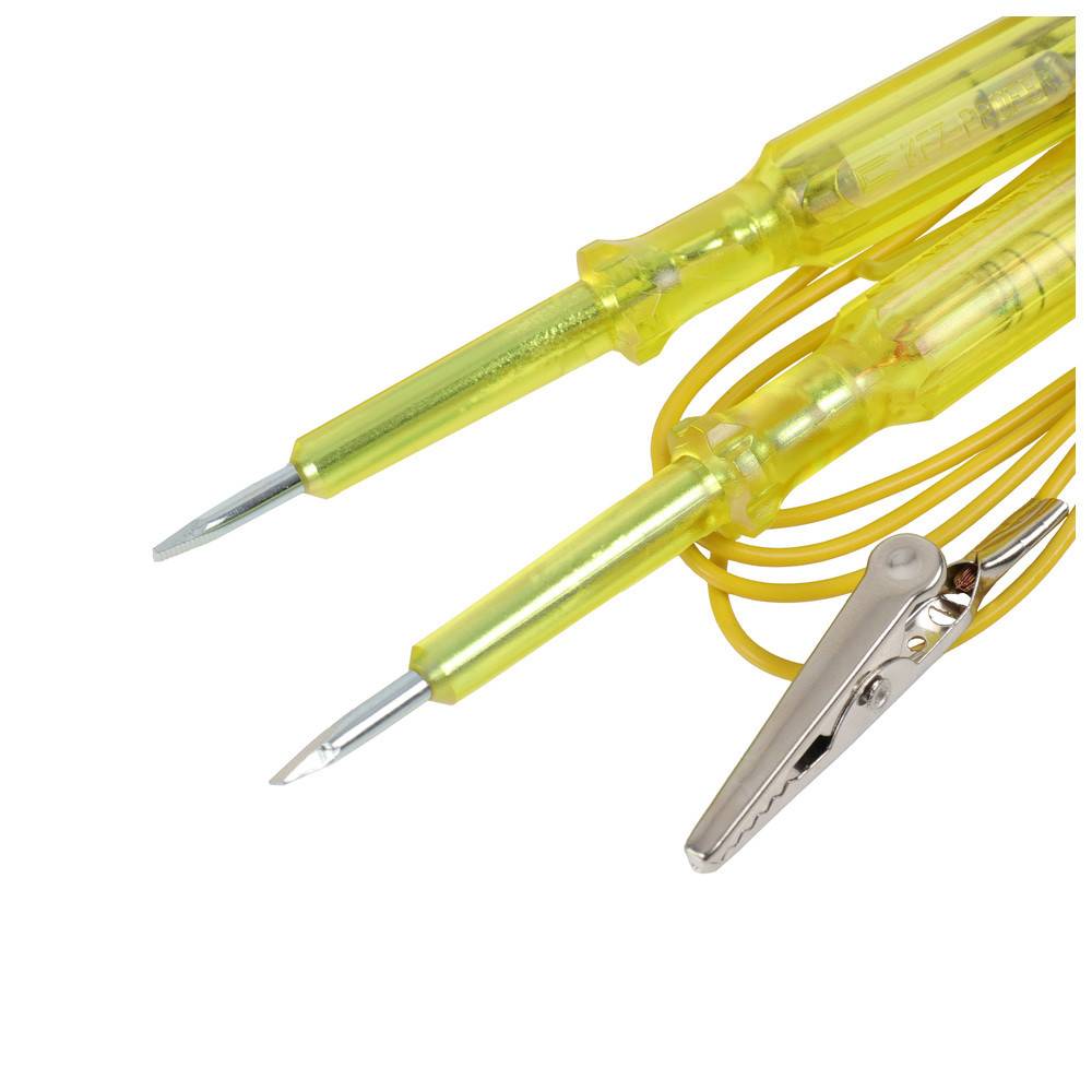 Zwei gelbe Prüfspitzen mit spitzen Metallspitzen und einer Klemme. Verwendet für elektrische Tests und Strommessungen.