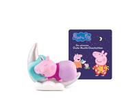 Peppa Pig Schlafenszeit-Spielzeugfigur mit einer kleinen Märchenbuch-Box, auf der Peppa und George auf einem dunkelvioletten Umschlag zu sehen sind.