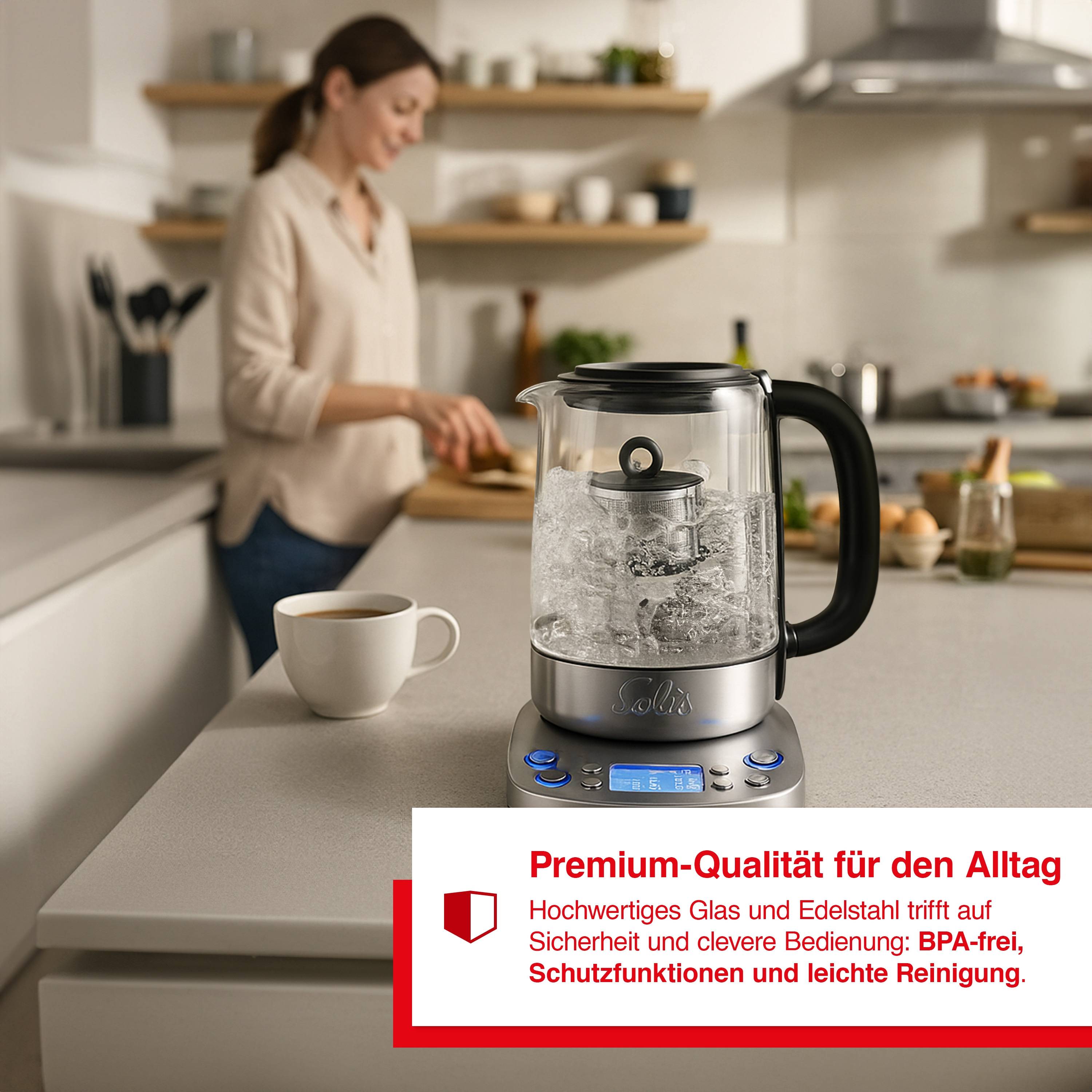 Solis Tee- & Wasserkocher, 1,7 L Volumen, Teesieb,Warmhaltefunktion,360° Basis