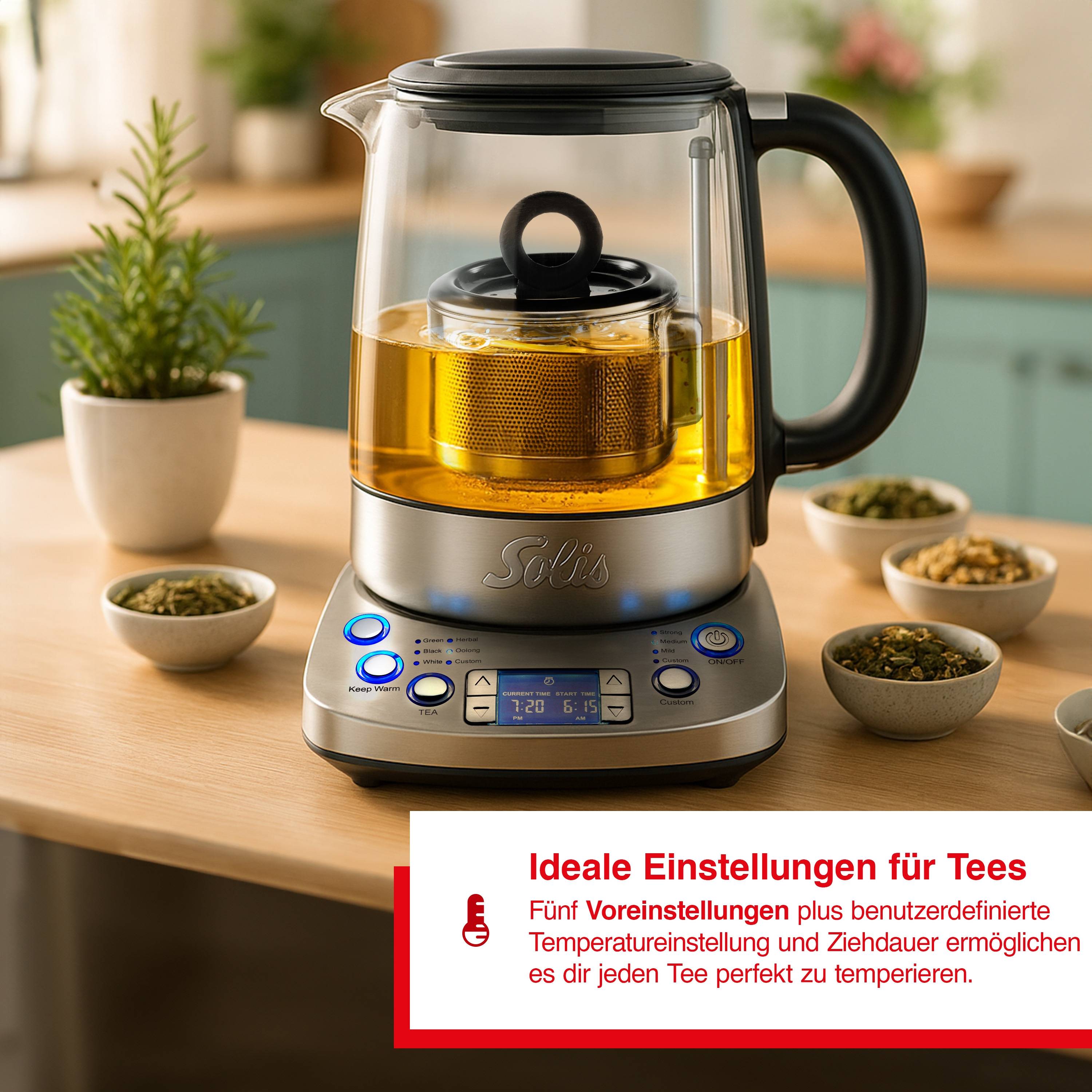 Solis Tee- & Wasserkocher, 1,7 L Volumen, Teesieb,Warmhaltefunktion,360° Basis