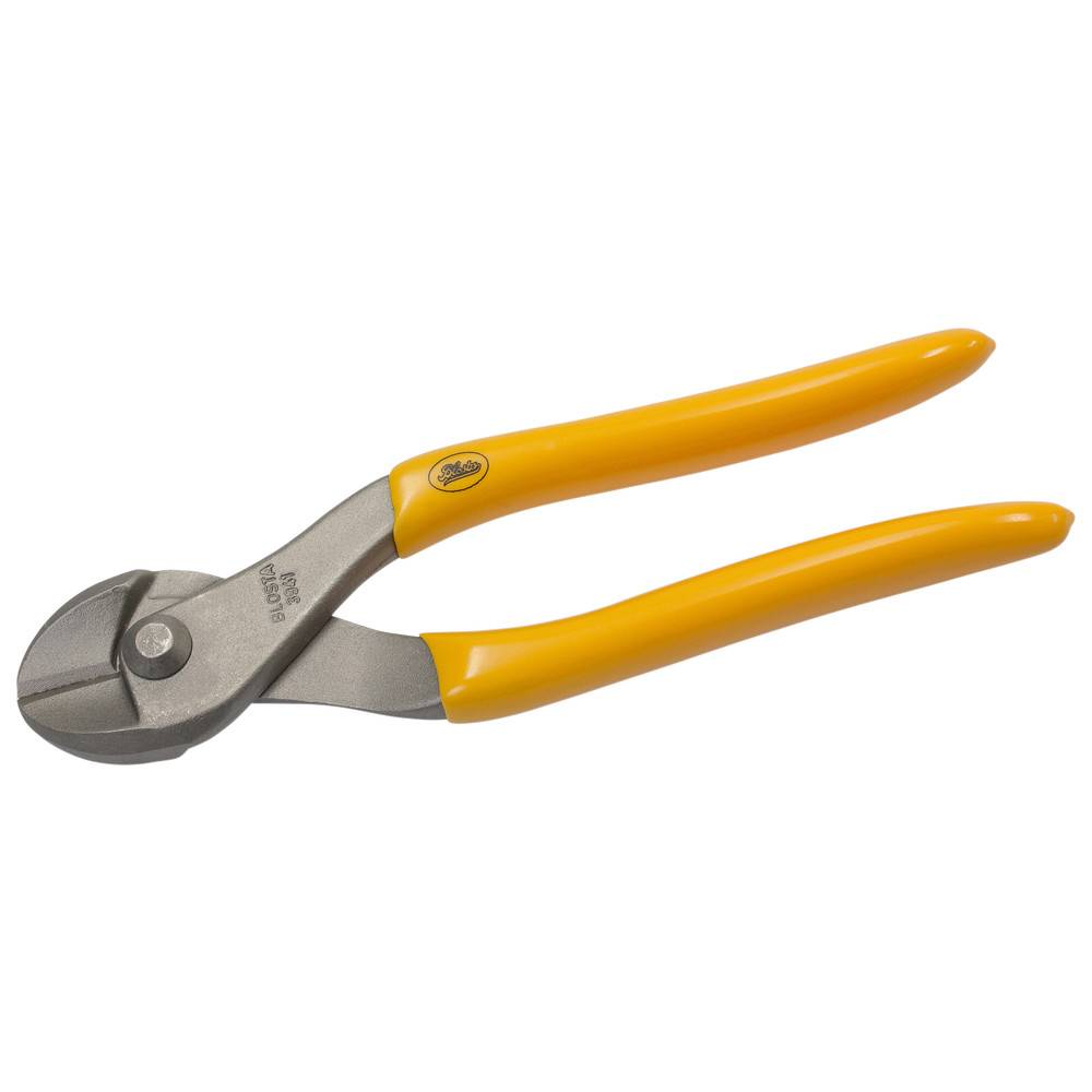 Ein Paar Kabelschneider aus Metall mit gelben Griffen und einer scharfen, gekrümmten Klinge, die zum Durchtrennen von Drähten oder kleinen Kabeln konzipiert ist.