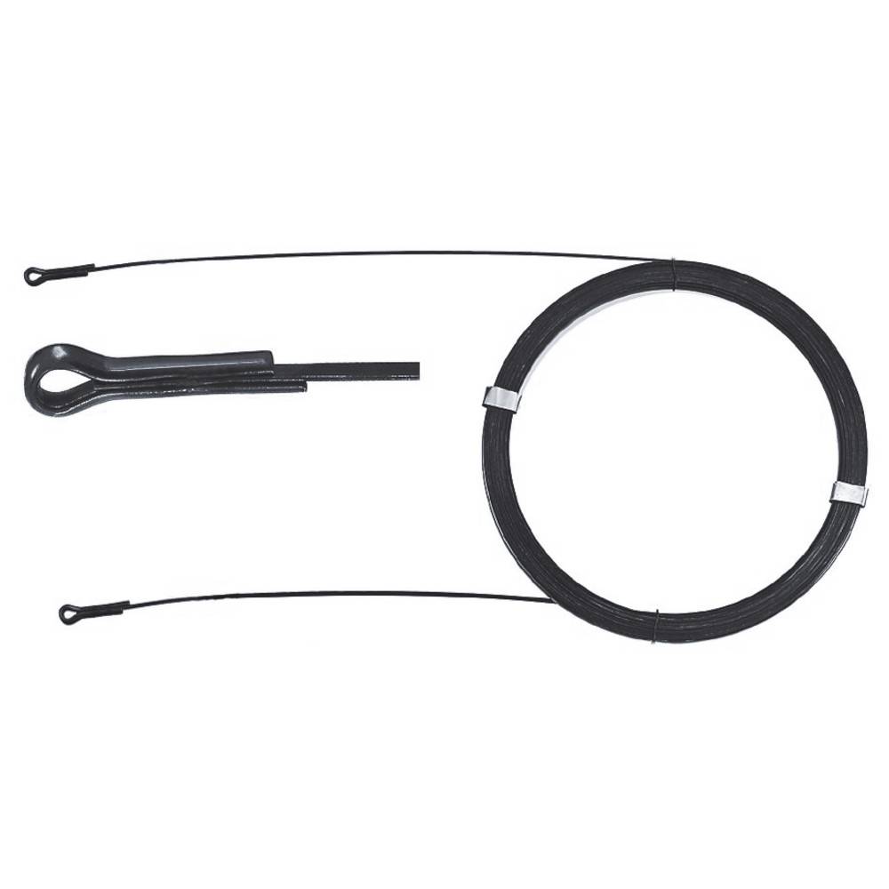 Ein gewickeltes schwarzes Kabel mit Schlaufenenden, daneben ein ausgerolltes Stück. Wird zum Sichern von Gegenständen oder als Kabelschloss verwendet.