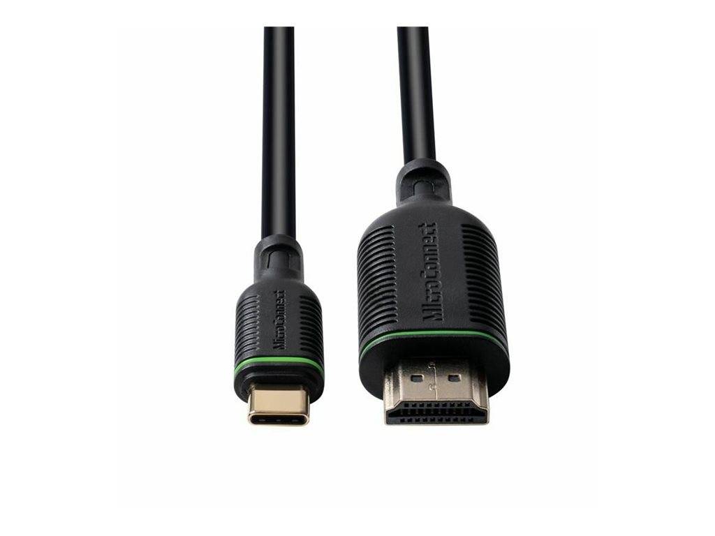 Zwei schwarze Kabel mit Anschlüssen: ein USB-C-Stecker auf der linken Seite und ein größerer HDMI-ähnlicher Anschluss auf der rechten Seite.