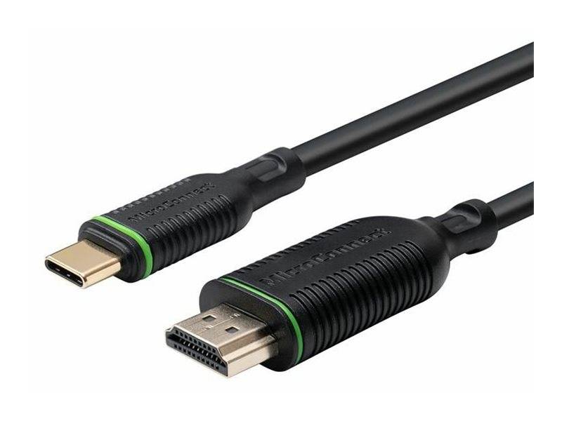 USB-C-zu-HDMI-Kabel mit schwarzen Steckern und grünen Akzentringen, gezeigt vor weißem Hintergrund.