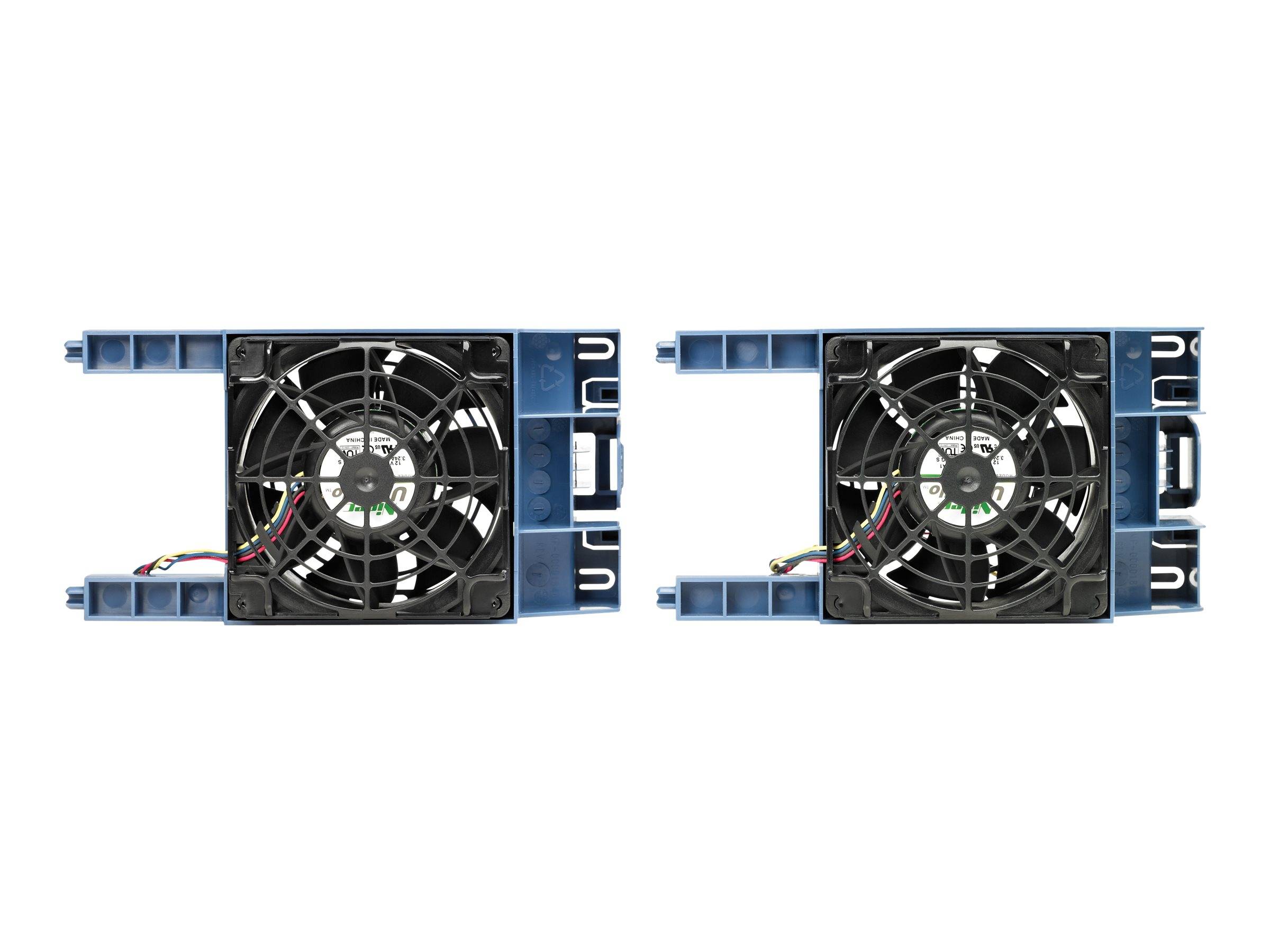 Zwei Computer-Kühlerlüftermodule mit blauen Rahmen nebeneinander auf weißem Hintergrund dargestellt, jeweils mit einem zentralen schwarzen Lüfter und sichtbarem Kabelwerk.