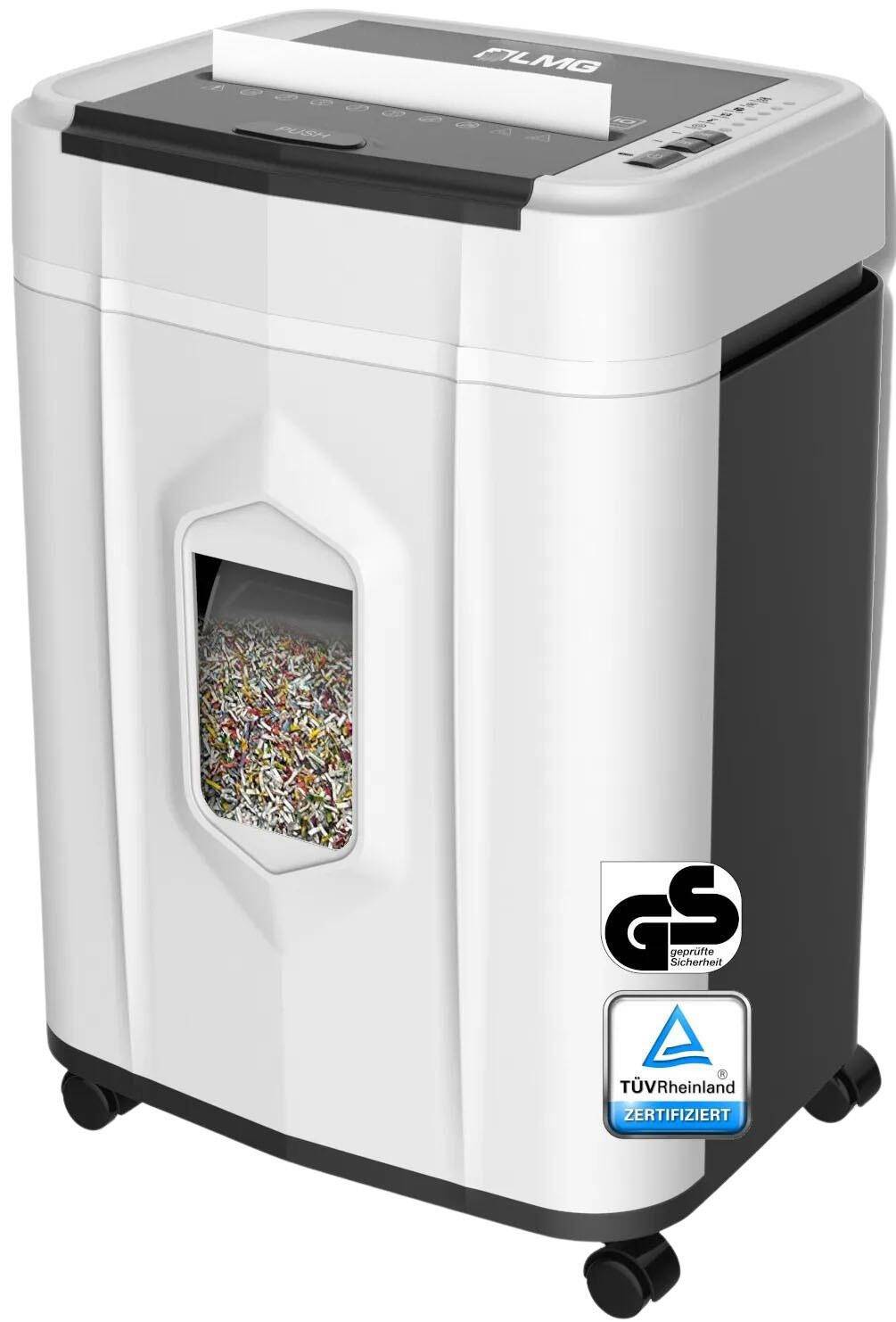 Weißer und schwarzer Aktenvernichter mit Sichtfenster, das zerrissenes Papier sichtbar macht. Zwei Zertifizierungslogos sind in der unteren rechten Ecke abgebildet.