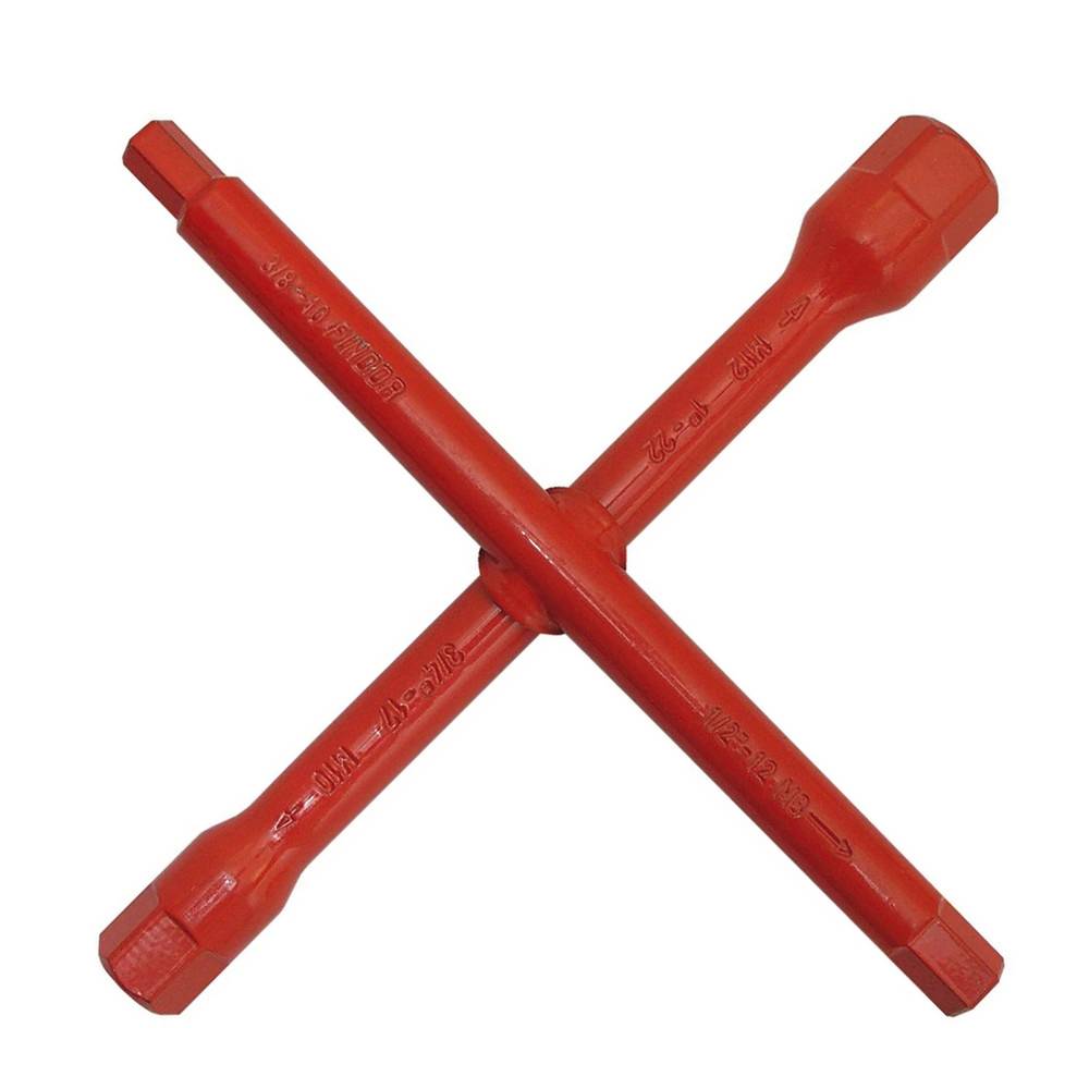 Roter doppelseitiger Steckschlüssel in X-Form, zum Anziehen oder Lösen von Bolzen verwendet.