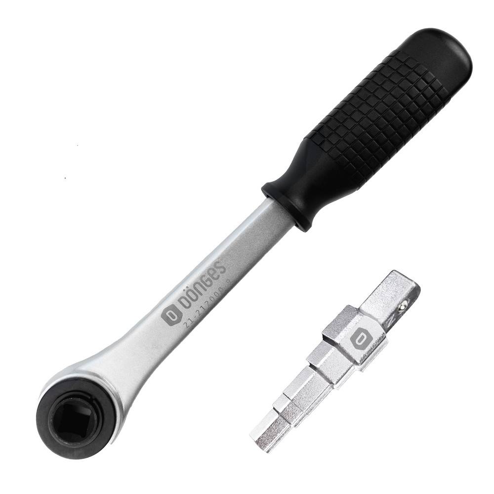 Ratschenkopf mit schwarzem Gummigriff und einer Metallbefestigung für austauschbare Bits, neben dem Griff angezeigt.