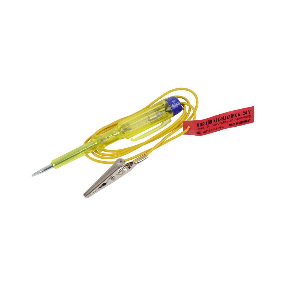 Ein gelber Automotive-Spannungsprüfer mit einer spitzen Sonde und einer Krokodilklemme. Ein rotes Etikett warnt: 'Nur für KFZ-Elektrik 6-24V'.