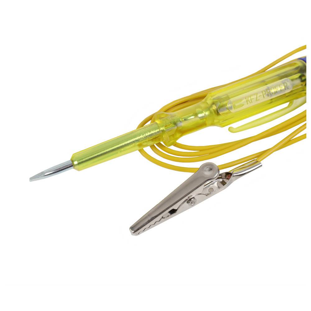 Gelber Stromkreistester mit spitzer Sonde und Krokodilklemme, verwendet zum Überprüfen von elektrischen Verbindungen und Spannung.