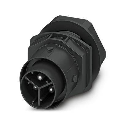 Ein schwarzer Industriestecker mit drei runden Metallstiften, entworfen für elektrische Verbindungen, von einer Seitenansicht gezeigt.