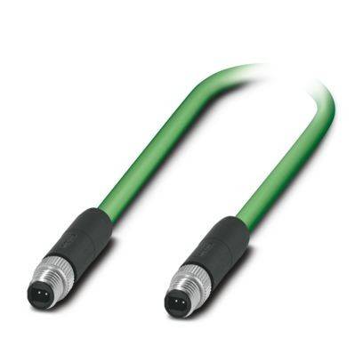 Ein grünes Industriekabel mit schwarzen Anschlüssen an beiden Enden, typischerweise zur Vernetzung oder zum Verbinden von Maschinenkomponenten verwendet.