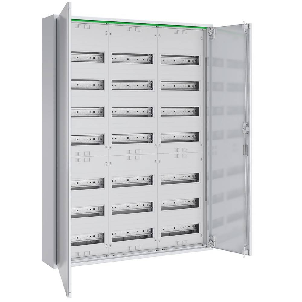 Ein offener, leerer Metallschaltschrank mit Reihen von Halterungen, der zum Organisieren und Schutz von elektrischen Komponenten und Leitungen konzipiert ist.