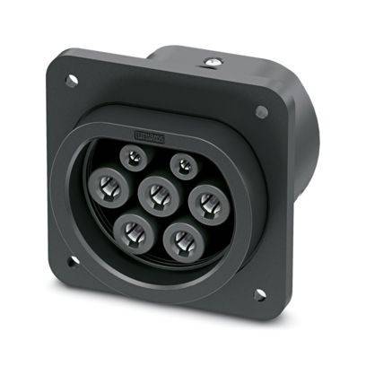 Ein robuster elektrischer Stecker mit sieben kreisförmigen Stiftschlitzen, montiert auf einer quadratischen schwarzen Basis.