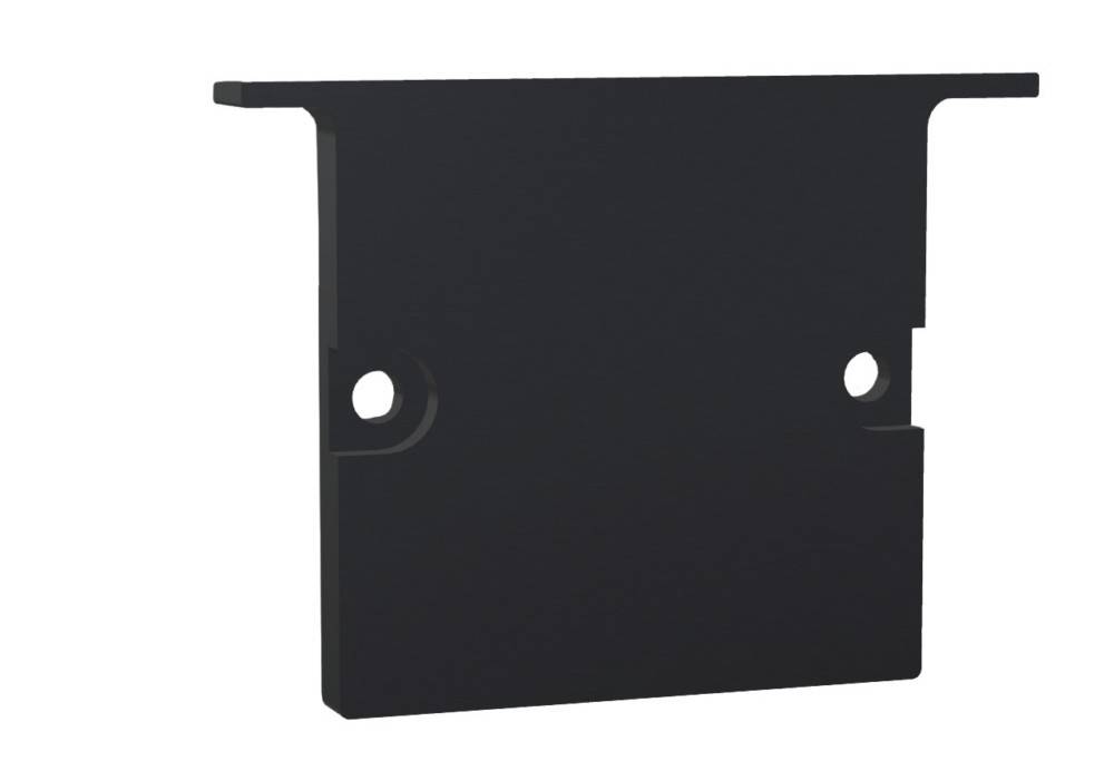 Schwarzes Metallbracket mit einer flachen Basis und einer rechtwinkligen Biegung, das zwei kreisrunde Löcher aufweist, wahrscheinlich zum Montieren oder Befestigen.