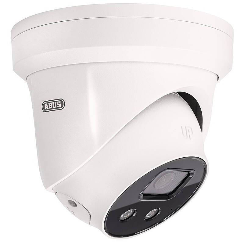 Weiße ABUS-Dome-Sicherheitskamera mit schwarzem Linsenpanel, isoliert auf einfachem Hintergrund dargestellt.