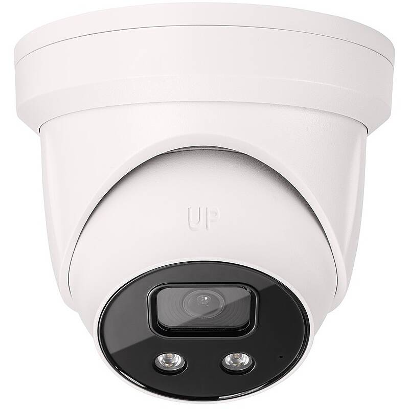 Weiße Domenkamera mit schwarzem Linsenglas, gekennzeichnet mit „UP