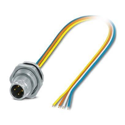 Ein metallischer runder Elektrostecker mit sechs mehrfarbigen Drähten, die sich von ihm erstrecken, verwendet zum Verbinden von elektrischen Geräten.