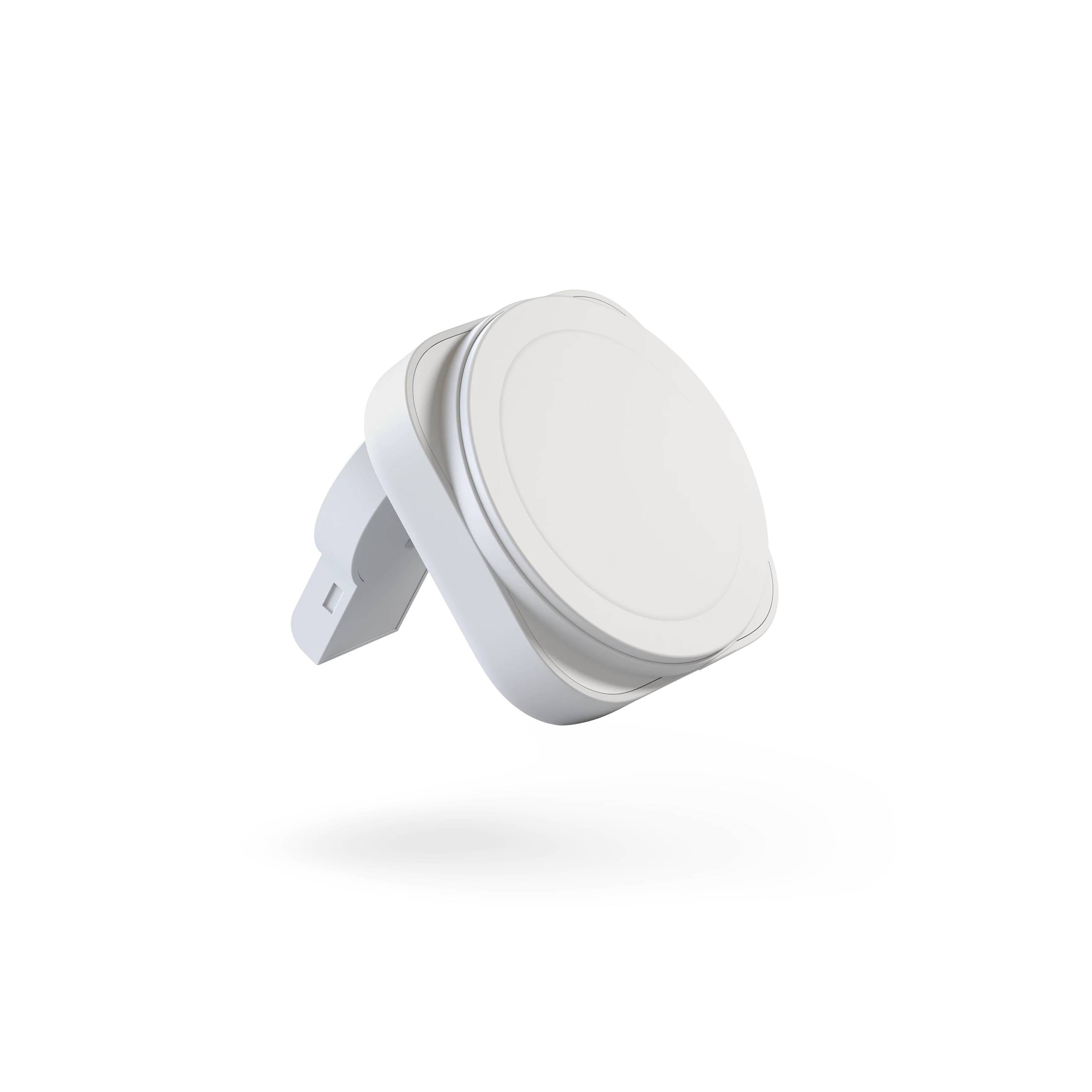 Ein rundes, weißes Smart-Home-Gerät mit einer Halterung, konzipiert für die Wandmontage. Es hat ein schlankes, modernes Design.