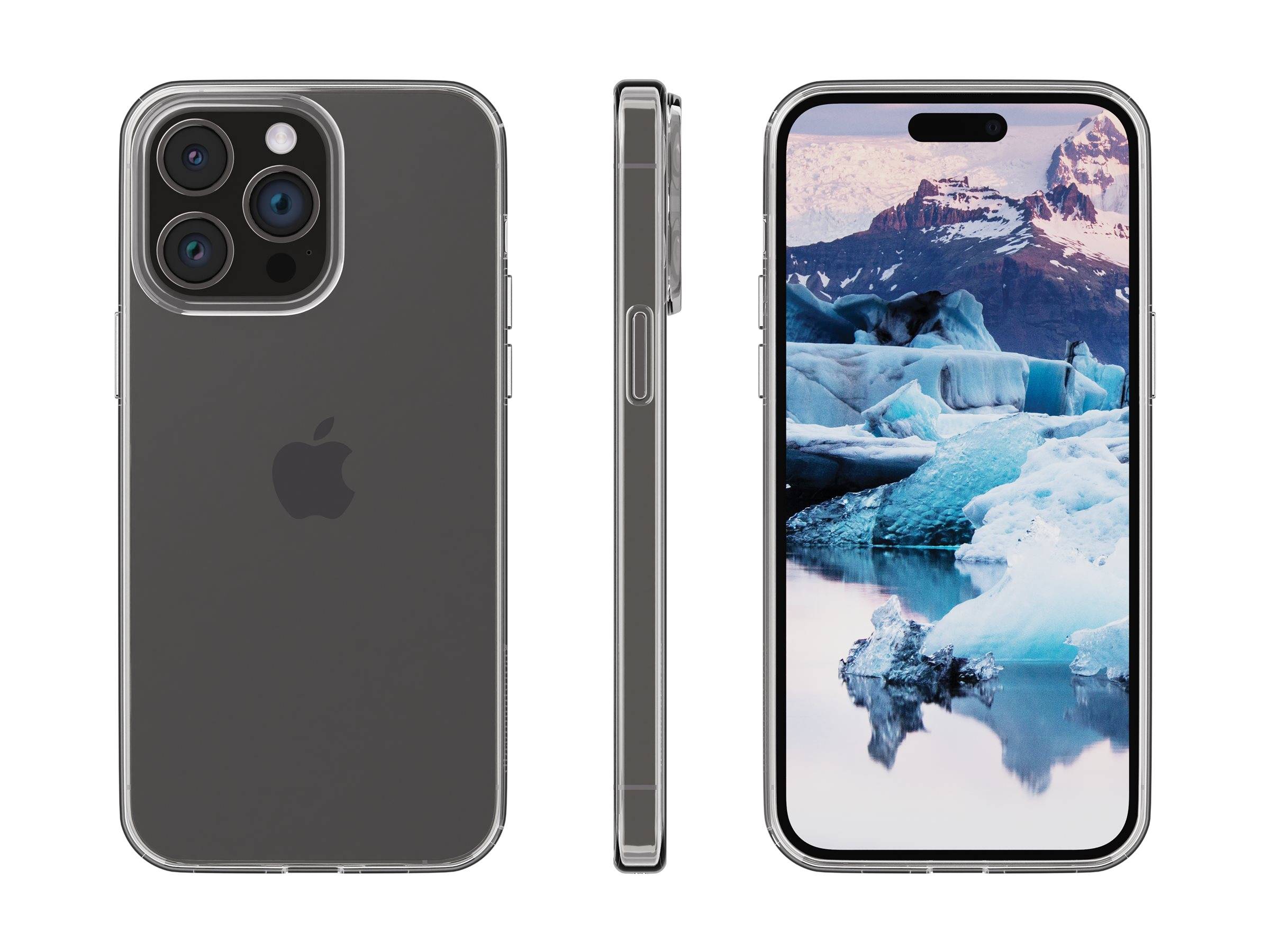 Front- und Seitenansichten eines neuen Smartphones mit einem Dreifach-Kamerasystem, auf dessen Bildschirm ein Eisbergbild angezeigt wird.