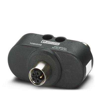Ein schwarzer Industriesensor mit einem vierpoligen Stecker, gekennzeichnet mit „PHOENIX CONTACT SAC-4P-M12FR.