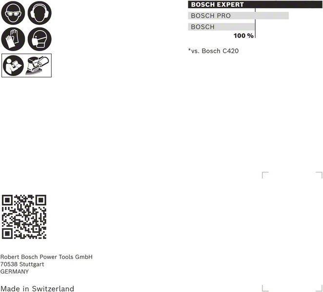 BOSCH EXPERT' Schleifpapier mit Symbolen für Präzision, Langlebigkeit und Holz-/Lackbearbeitung. Leistungsvergleich: 100% vs. Bosch C420.