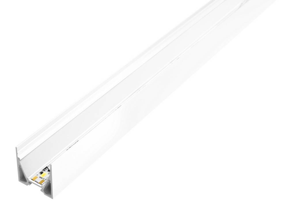 Eine minimalistische weiße LED-Streifenleuchte, wahrscheinlich für moderne Innenbeleuchtung verwendet, auf einem schlichten weißen Hintergrund.