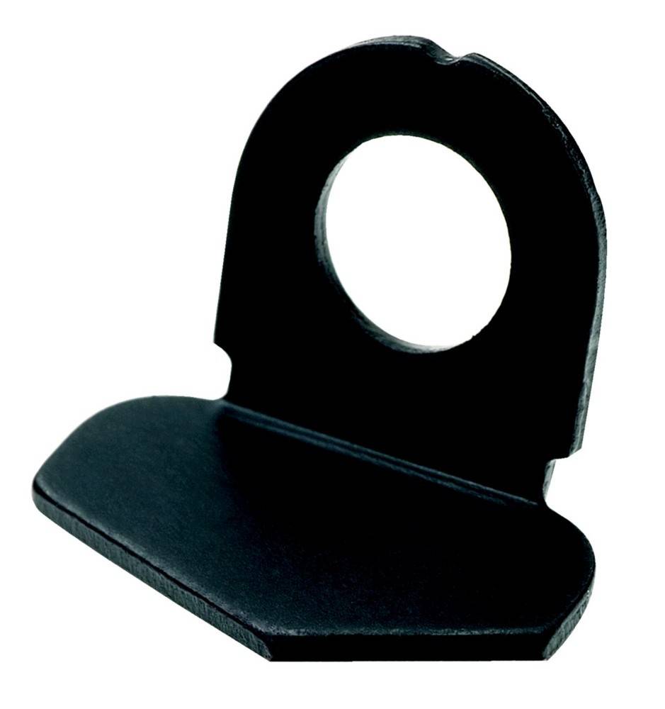 Eine schwarze Metalleckkonsole mit einer abgerundeten Rückplatte und einer kreisförmigen Aussparung an der Oberseite.