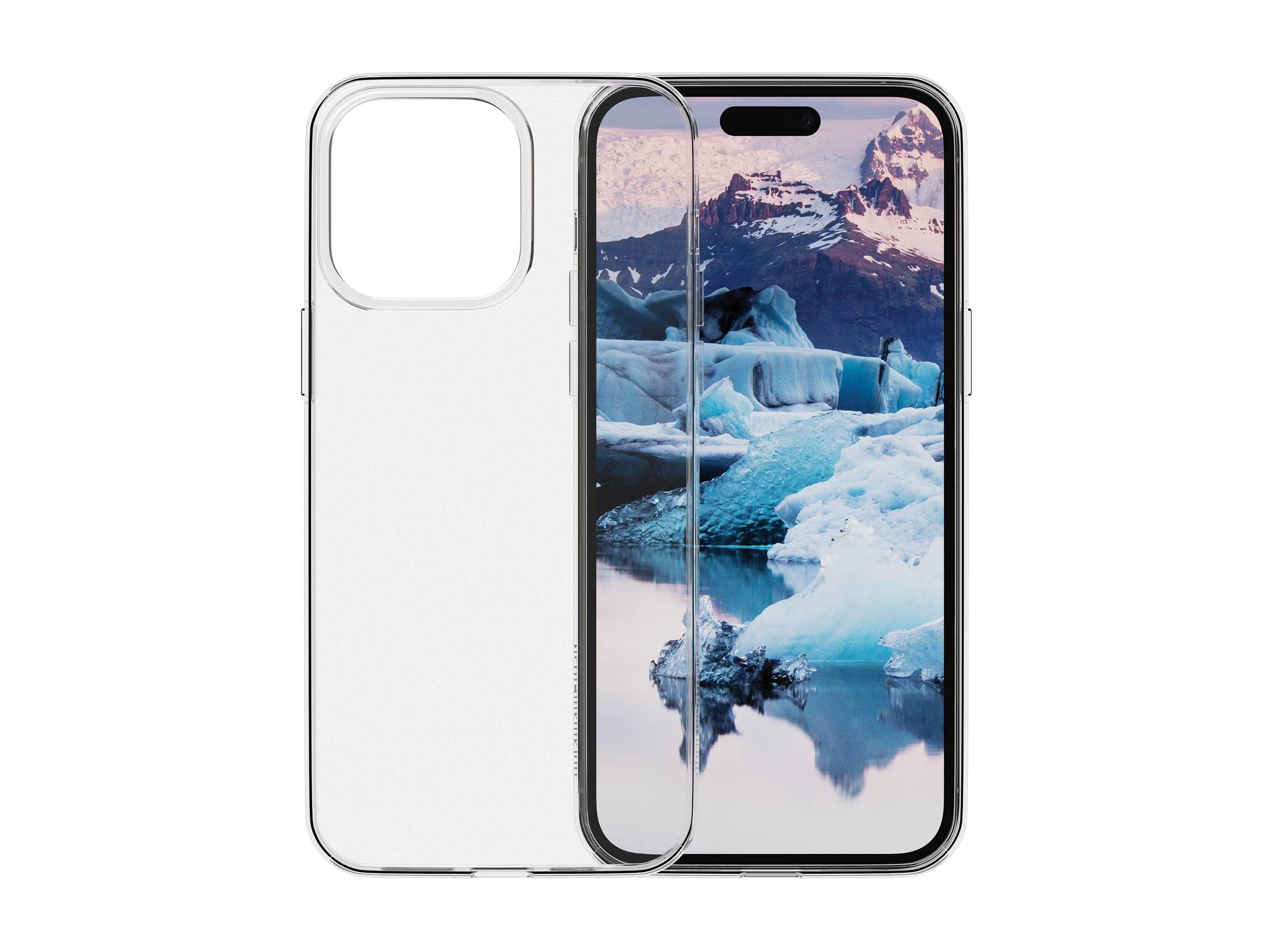 Ein Smartphone mit einer Berglandschaft und Gletscherszene auf dem Bildschirm, neben einem transparenten Handygehäuse platziert, was Schutz andeutet.