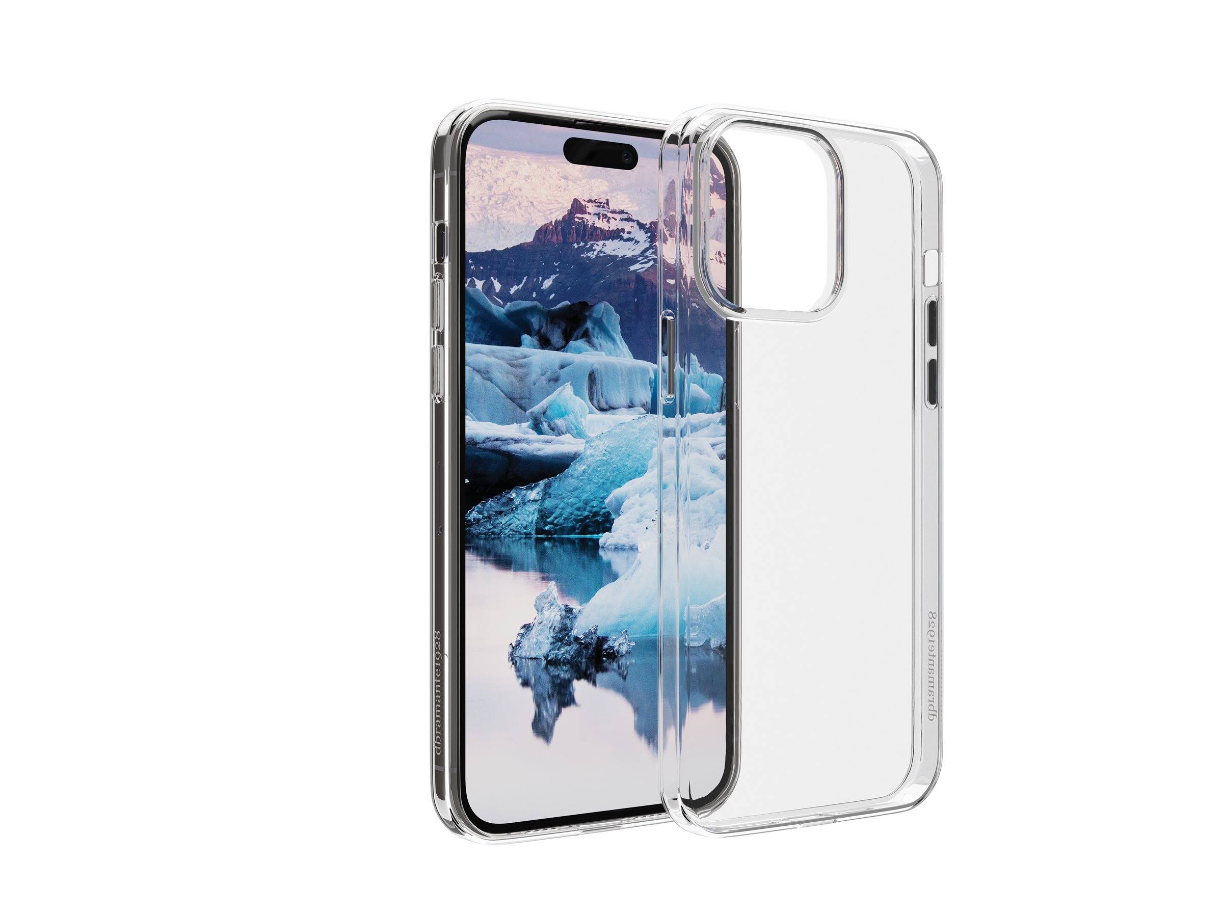 Ein Smartphone mit einer durchsichtigen Hülle zeigt ein Eisbergwallpaper auf seinem Bildschirm. Die Hülle ist transparent und hebt das Design des Telefons hervor.