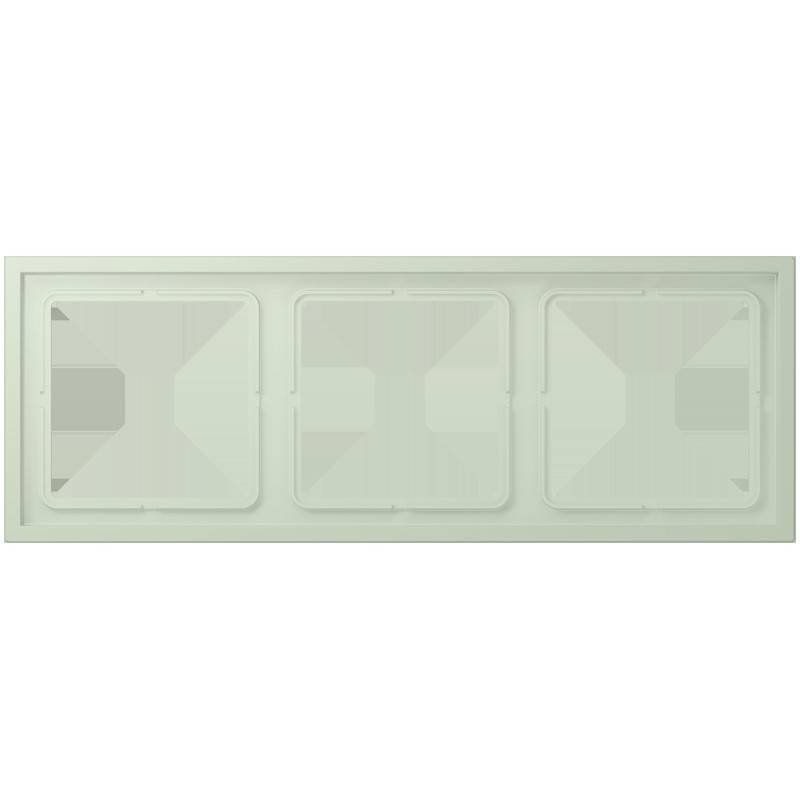 Ein hellgrauer, rechteckiger Panel mit drei eingelassenen quadratischen Abschnitten, der scharfe Linien und Winkel aufweist, vor einem schlichten Hintergrund.