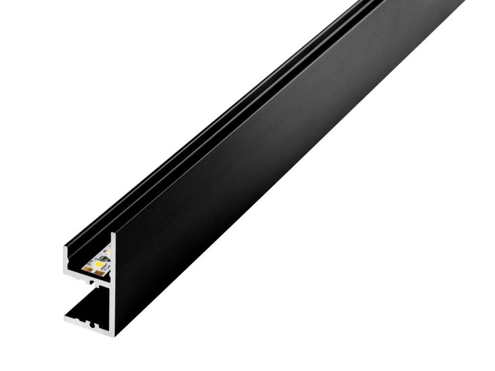 Schwarzes L-förmiges Aluminium-LED-Profil zum Montieren von LED-Streifen, mit Schlitz für Diffusorabdeckung und Eckinstallationsfunktion.