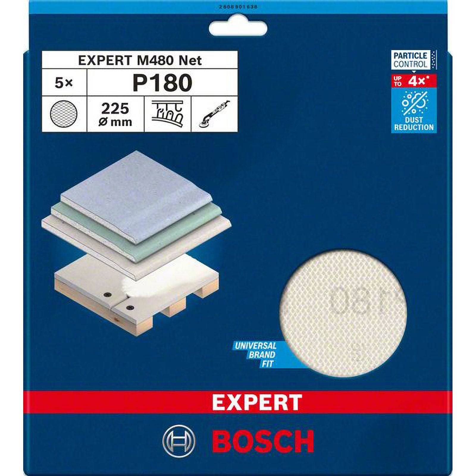 Bosch Expert M480 Net P180 Schleifscheiben, 5er-Pack, 225 mm Durchmesser, bis zu 4-fache Staubreduzierung, universelle Markenpassung.