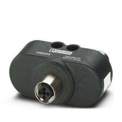 Ein schwarzer, rechteckiger Industriestecker mit einer beschrifteten Vorderseite und einem runden Metallport, der für elektrische Verbindungen verwendet wird.