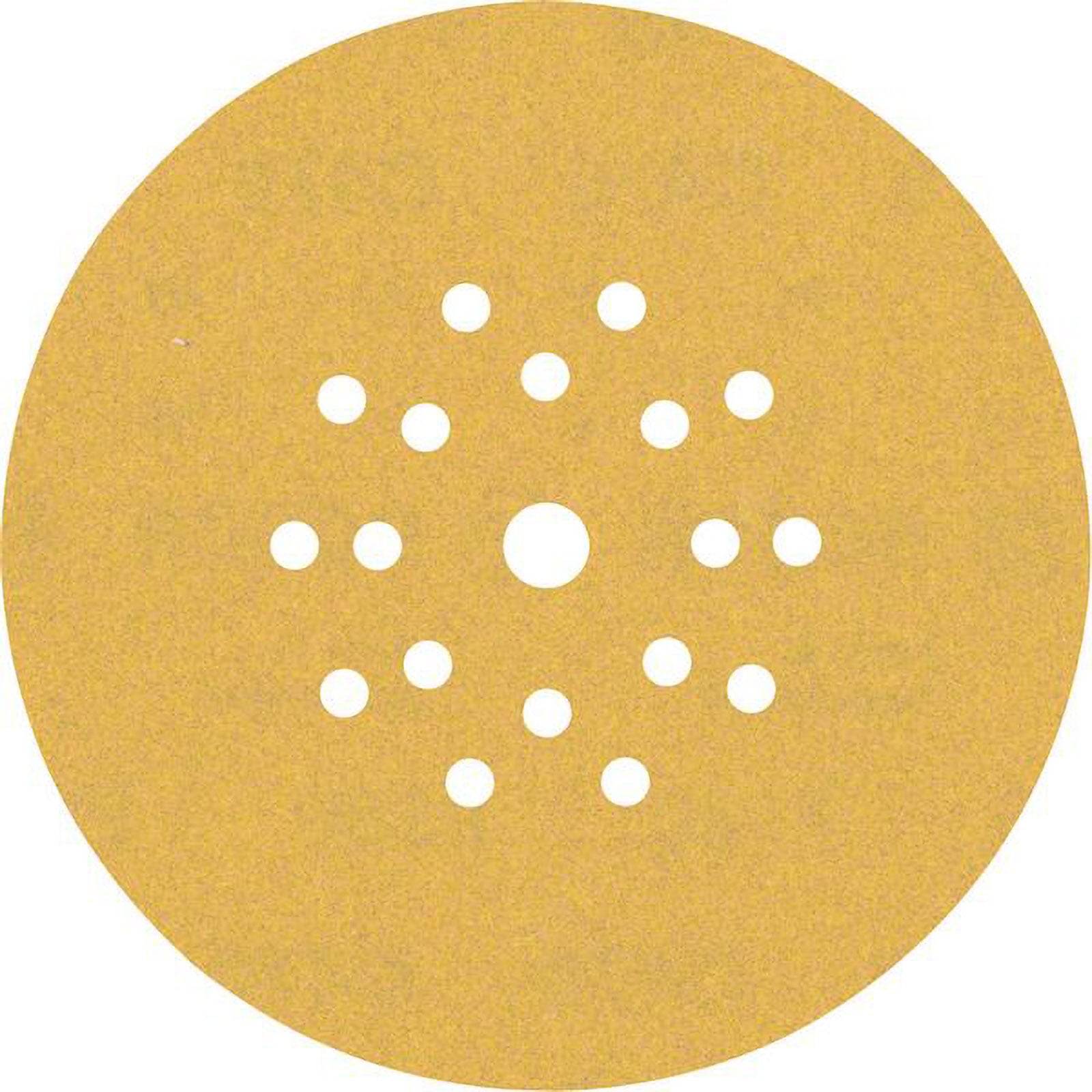 Eine runde, braune Schleifscheibe mit mehreren Löchern, die in konzentrischen Kreisen angeordnet sind und zum Schleifen von Oberflächen in der Bau- oder Handwerksbranche verwendet wird.