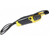 Gelber und schwarzer elektrischer Haarstylizer mit Kabel und digitaler Temperaturanzeige auf weißem Hintergrund.