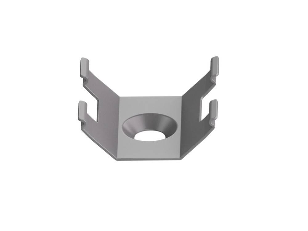Metallhalterung mit einem zentralen kreisförmigen Loch und vier L-förmigen Armen, die für Montage- oder Stützungszwecke entwickelt wurde.