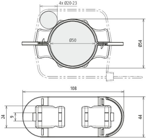 Technische Zeichnung einer mechanischen Komponente mit Draufsicht und Seitenansicht mit Maßangaben. Die Draufsicht zeigt ein zentrales kreisförmiges Element mit der Bezeichnung Ø50 innerhalb eines rechteckigen Umrisses. Die Seitenansicht weist zwei parallele rechteckige Formen auf, die mit einer Länge von 108 beschriftet sind.