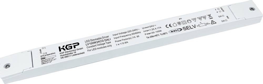 Ein weißer LED-Treiber mit Text zur Eingangsspannung (220-240V), Ausgang (24V, max. 4,17A) und Leistungsfaktor. Geeignet für max. 100W.