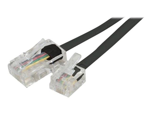 Ein Bild eines schwarzen Telefonkabels mit transparenten Anschlüssen an beiden Enden, wie es typischerweise zum Anschluss von Festnetztelefonen verwendet wird.