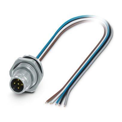 Ein metallischer Rundstecker mit farbigen Drähten, die sich von ihm erstrecken. Die Drähte sind blau, braun, schwarz und weiß und scheinen zur Installation bereit zu sein.