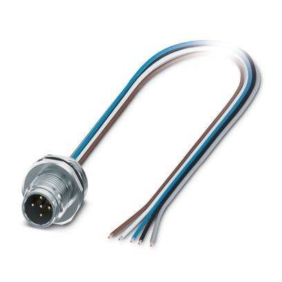 Metallischer Rundstecker mit fünf Drähten: weiß, braun, blau, schwarz und grau. Konzipiert für elektrische Verbindungen.