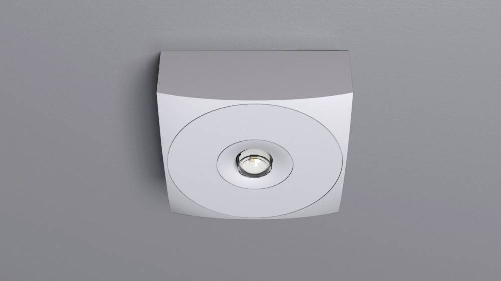 Eine quadratische, weiße, deckenmontierten Leuchte mit einer zentralen runden Glühbirne, vor einem grauen Deckenhintergrund.