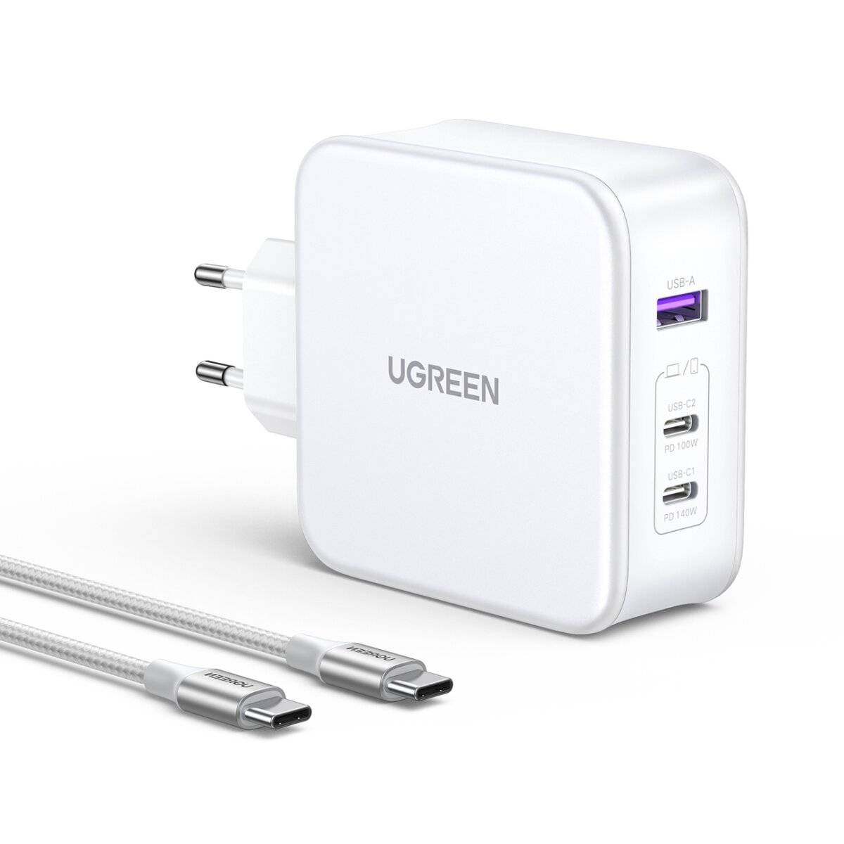 Ugreen Nexode CD289 GaN-Netzwerkladegerät USB-A/2xUSB-C 140 W + USB-C  USB-C-Kabel 1,5 m  Weiß
