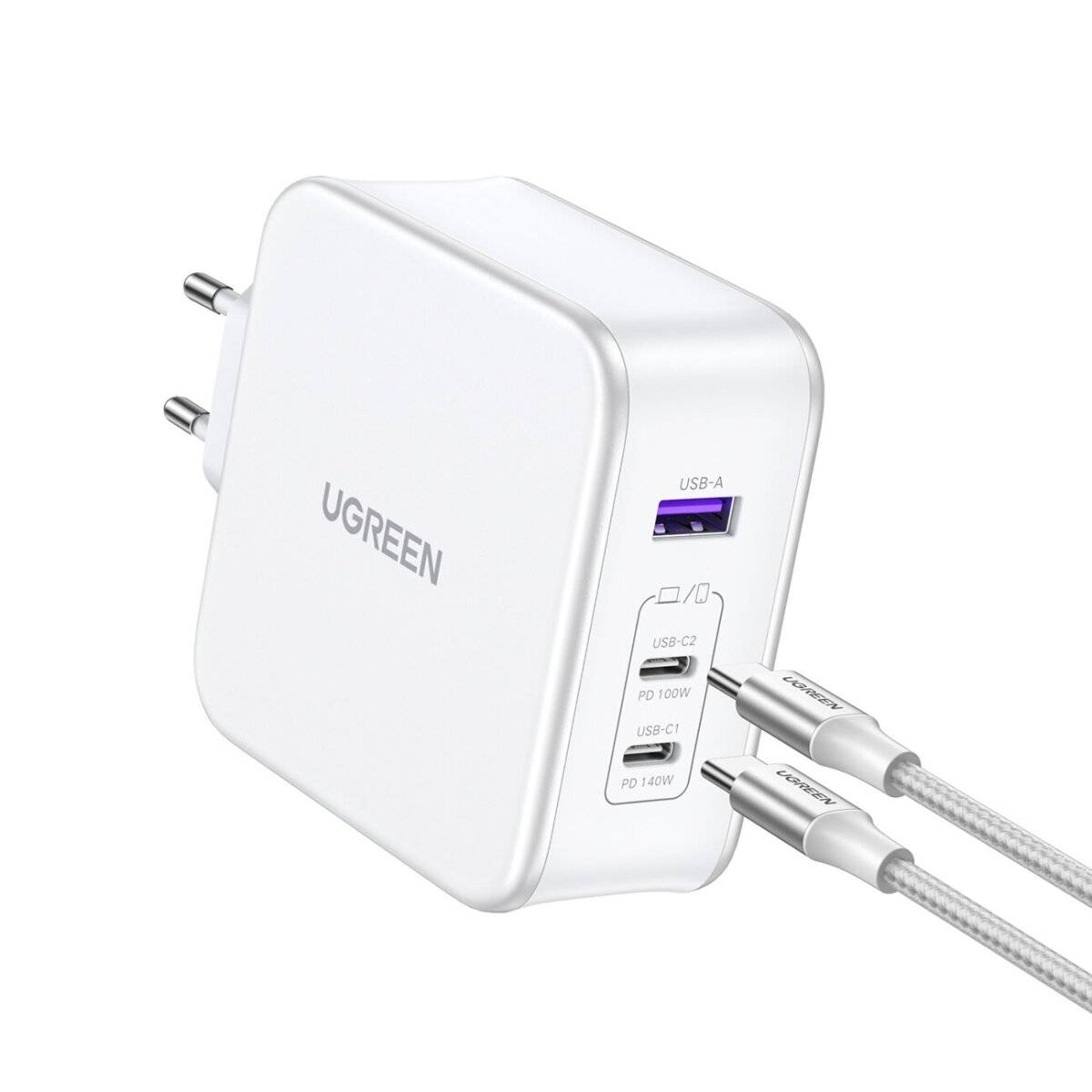 Ugreen Nexode CD289 GaN-Netzwerkladegerät USB-A/2xUSB-C 140 W + USB-C  USB-C-Kabel 1,5 m  Weiß