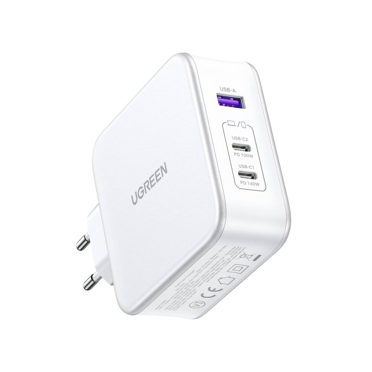 Ugreen Nexode CD289 GaN-Netzwerkladegerät USB-A/2xUSB-C 140 W + USB-C  USB-C-Kabel 1,5 m  Weiß