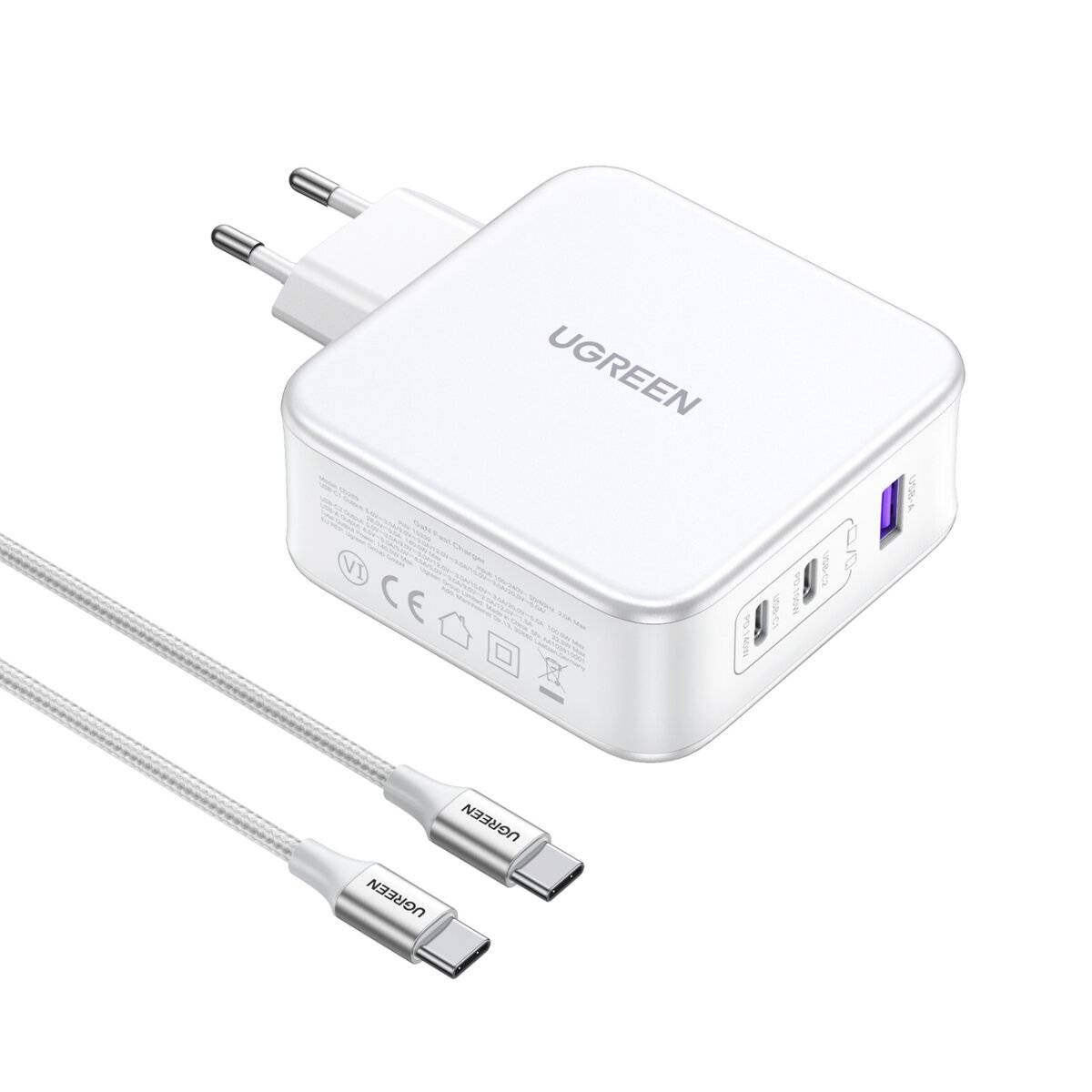Ugreen Nexode CD289 GaN-Netzwerkladegerät USB-A/2xUSB-C 140 W + USB-C  USB-C-Kabel 1,5 m  Weiß