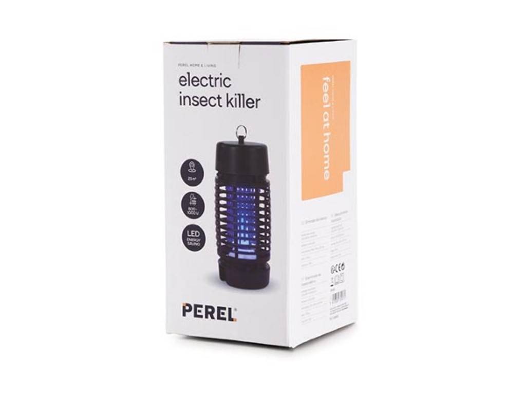 Perel Insektenvernichter, elektrisch, UV-LED, Hochspannungsgitter 1000 V, abnehmbare Auffangschale, 25 m², Schwarz